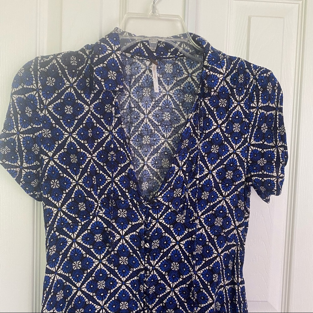 Free People Melody Print Mini Blue Shirt Collar Swing Babydoll Dress Size 0 - Picture 3 of 10